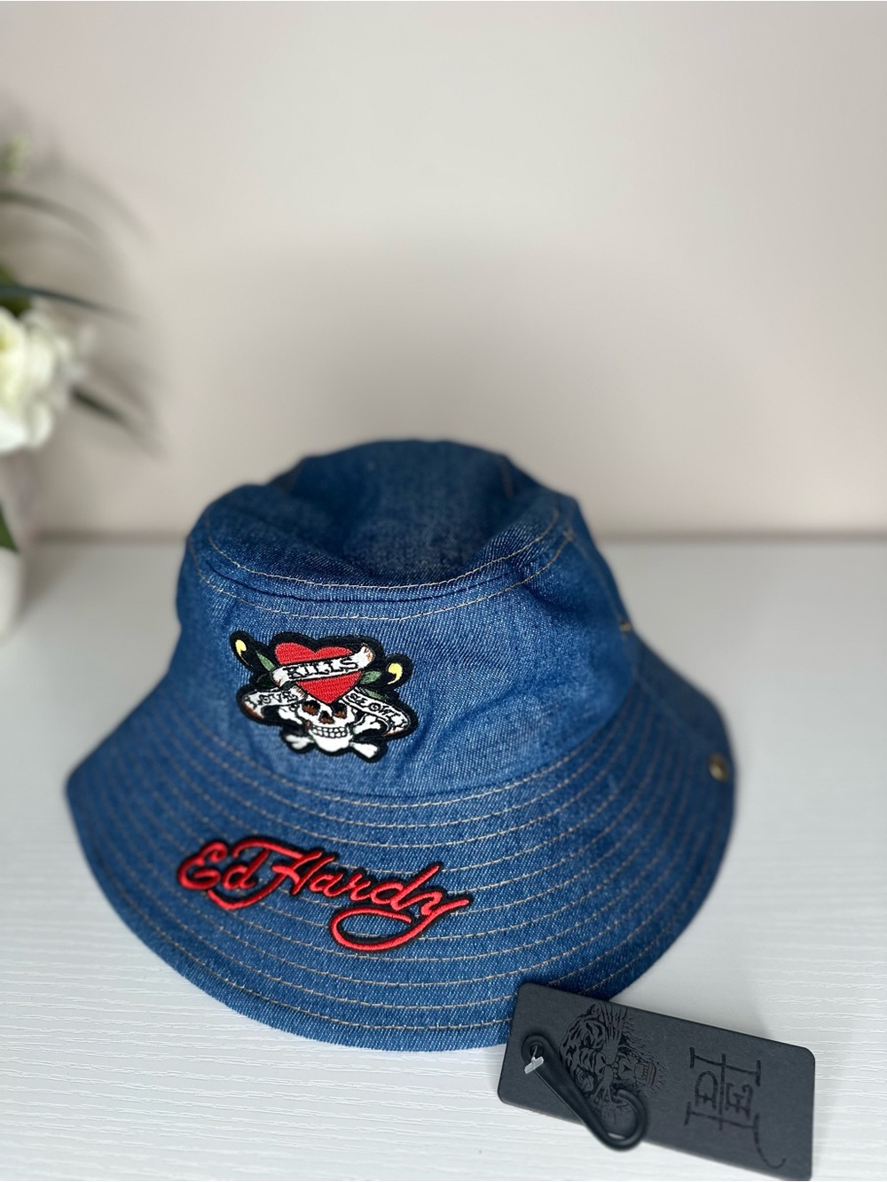Ed Hardy Denim Bucket Hat Skull Heart Embroidered Blue Cotton NEW - Picture 2 of 8